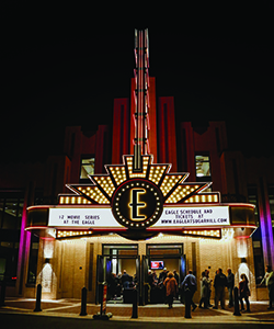 The Eagle Theatre’s art deco marquee makes an eye-catching center- piece on Sugar Hill’s E Center, designed to enhance the city’s downtown and attract visitors