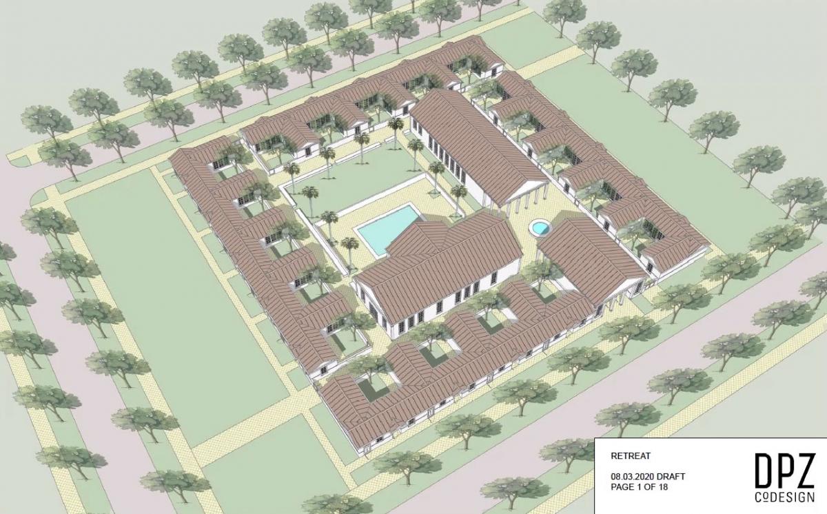 Aerial of retirement community based on a college quadrangle.