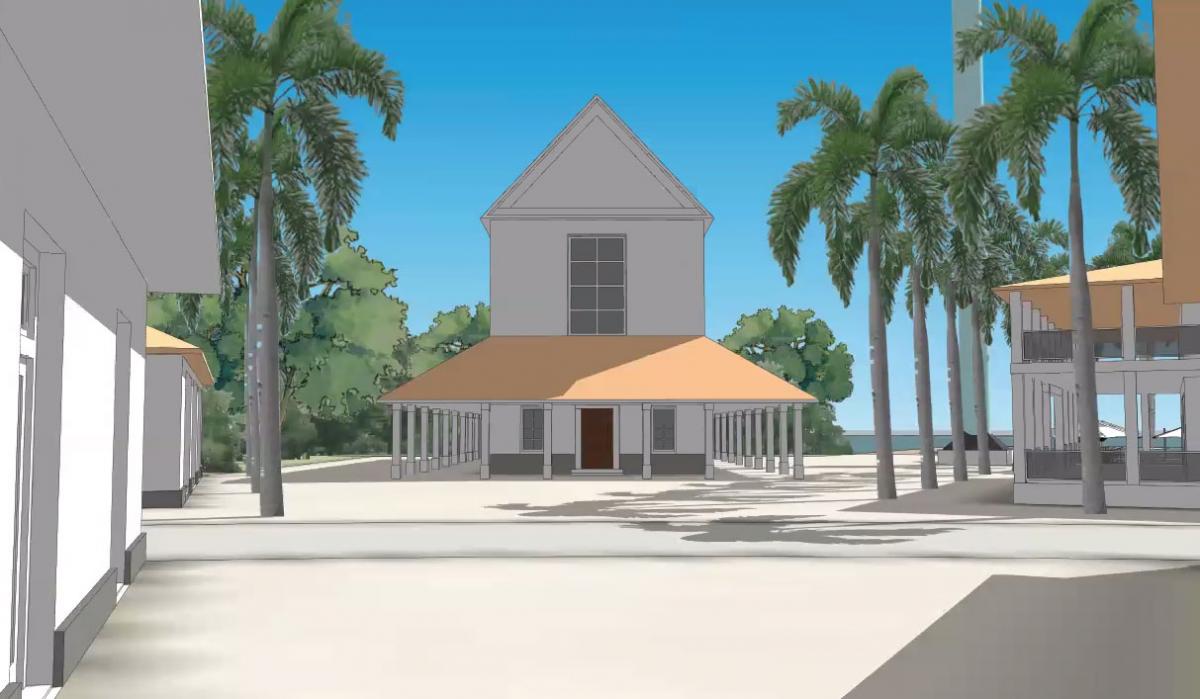 Post-pandemic church, which opens to breezes, and plaza in Vero Beach, Florida. 