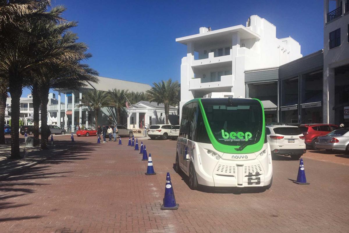 NAVYA self-driving shuttle demonstrated on the square at Seaside.
