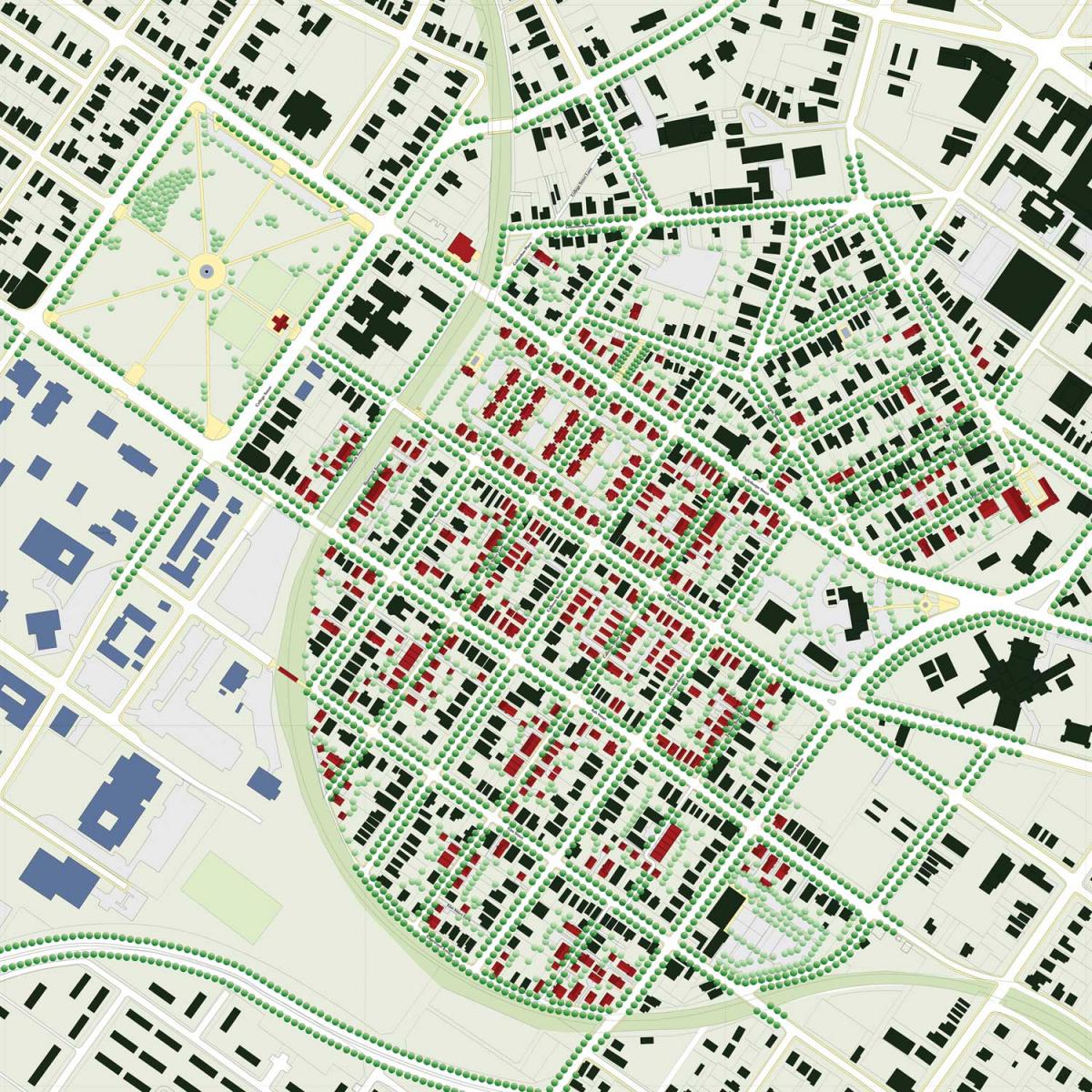 Beall's Hill plan. Existing buildings in black.