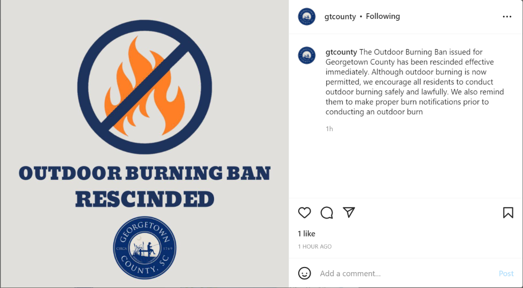 Georgetown County outdoor burning ban image.