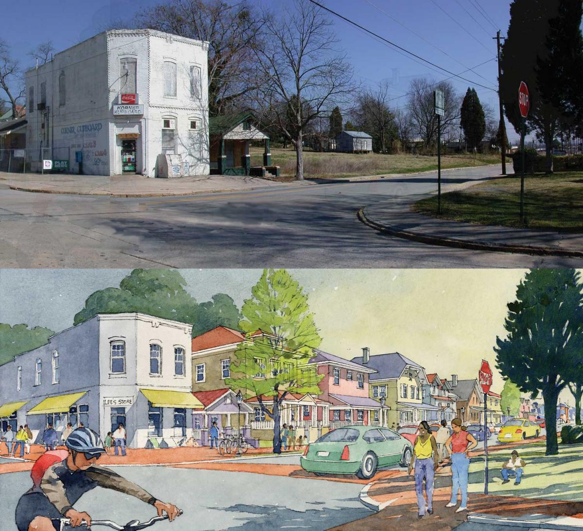 Block with vacant houses, early 2000s, top. Rendering of infill, bottom, by Dhiru Thadani.