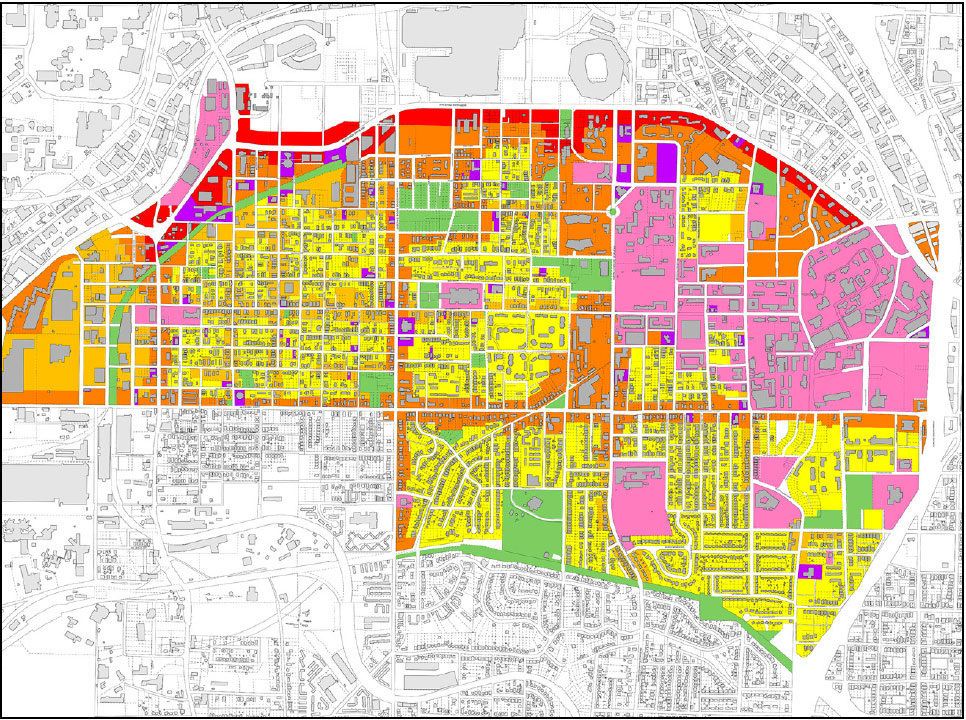 Westside preliminary land-use plan, north is to the left. Yellow is residential; light orange, residential with home office; dark orange, mixed-use low density; red, mixed-use high density; green, par