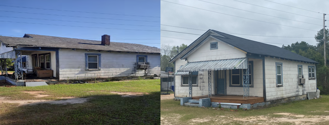 Before (left) and after (right) shots of a home whose roof was repaired. Roof repairs are only the beginning of the housing improvements that the city is funding with ARPA and carrying out for qualifying residents. (Source: City of Louisville)