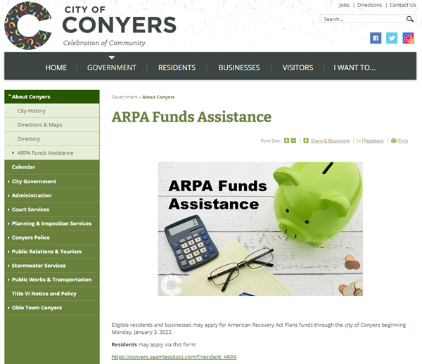A screenshot of the "ARPA Funds Assistance" webpage on City of Conyers' website.